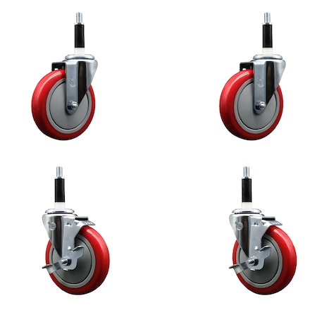 Service Caster 5'' SS Red Poly Wheel Swivel 7/8'' Expanding Stem Caster Set 2 Brakes, 4PK SCC-SSEX20S514-PPUB-RED-2-TLB-2-78
